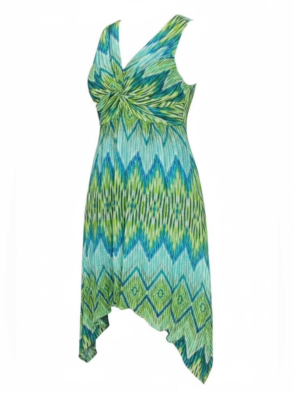 Chico's Women's Green Ikat Maida Handkerchief Dress Sleeveless V-
Neck Size 0